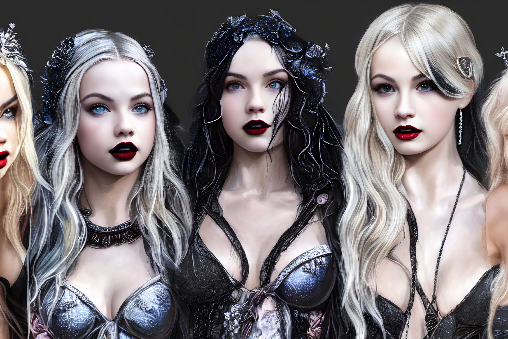 Stylized women with pale skin and gothic makeup on dark background