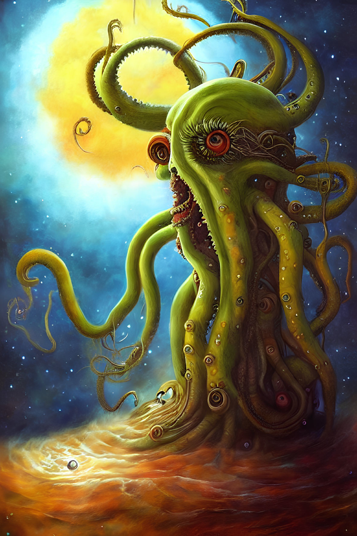 Colorful alien creature with tentacles and multiple eyes in cosmic setting