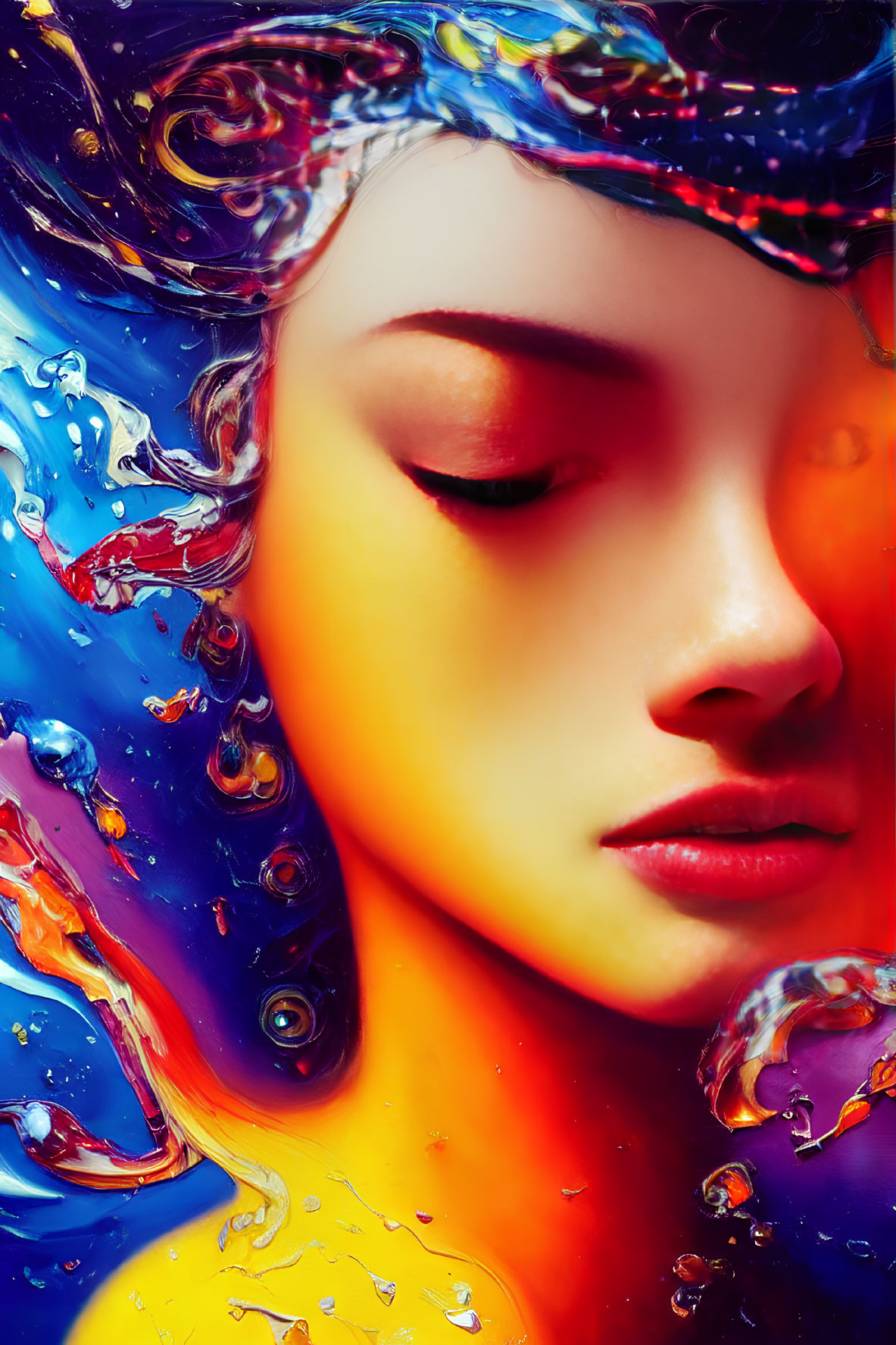 Vibrant abstract portrait with colorful liquid swirls and bubbles