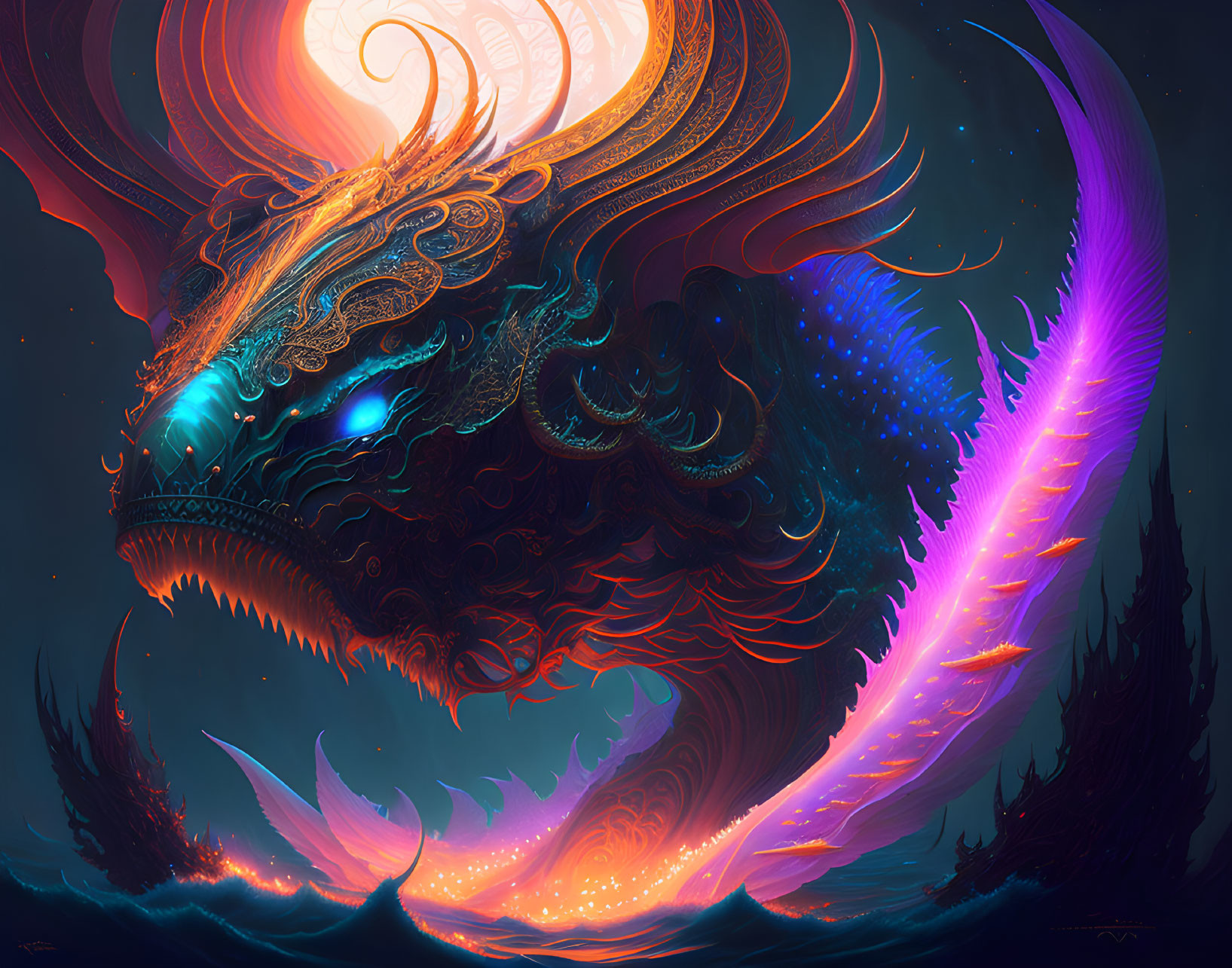 Mythical dragon with luminescent scales in moonlit sky