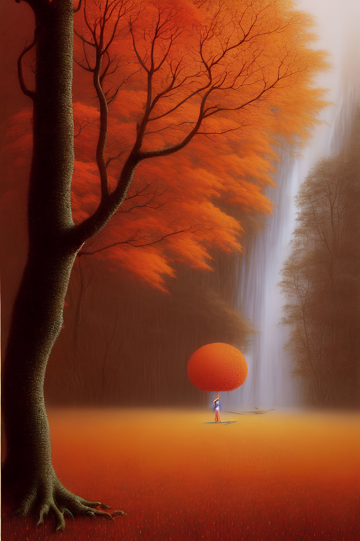 Person with Orange Umbrella in Fiery Autumn Scene by Waterfall