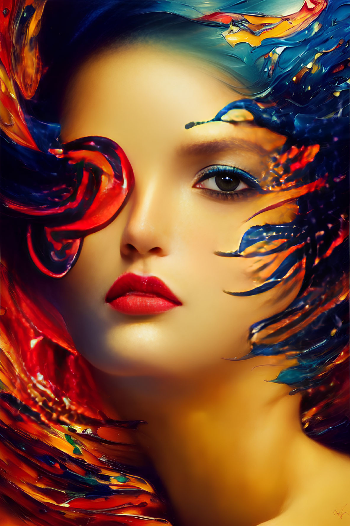 Colorful Abstract Digital Artwork of Woman with Swirling Feathers
