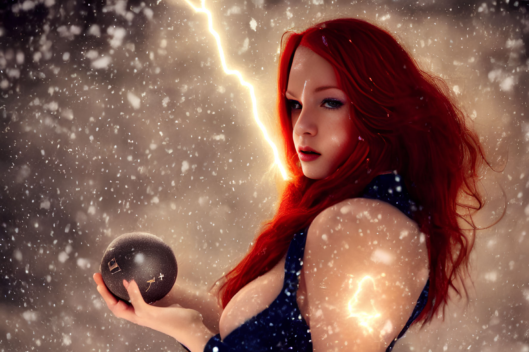 Red-haired woman with mystical orb in snowy landscape with lightning bolt
