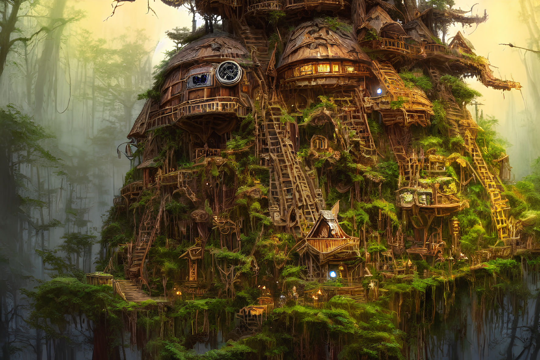 Whimsical treehouse in misty enchanted forest