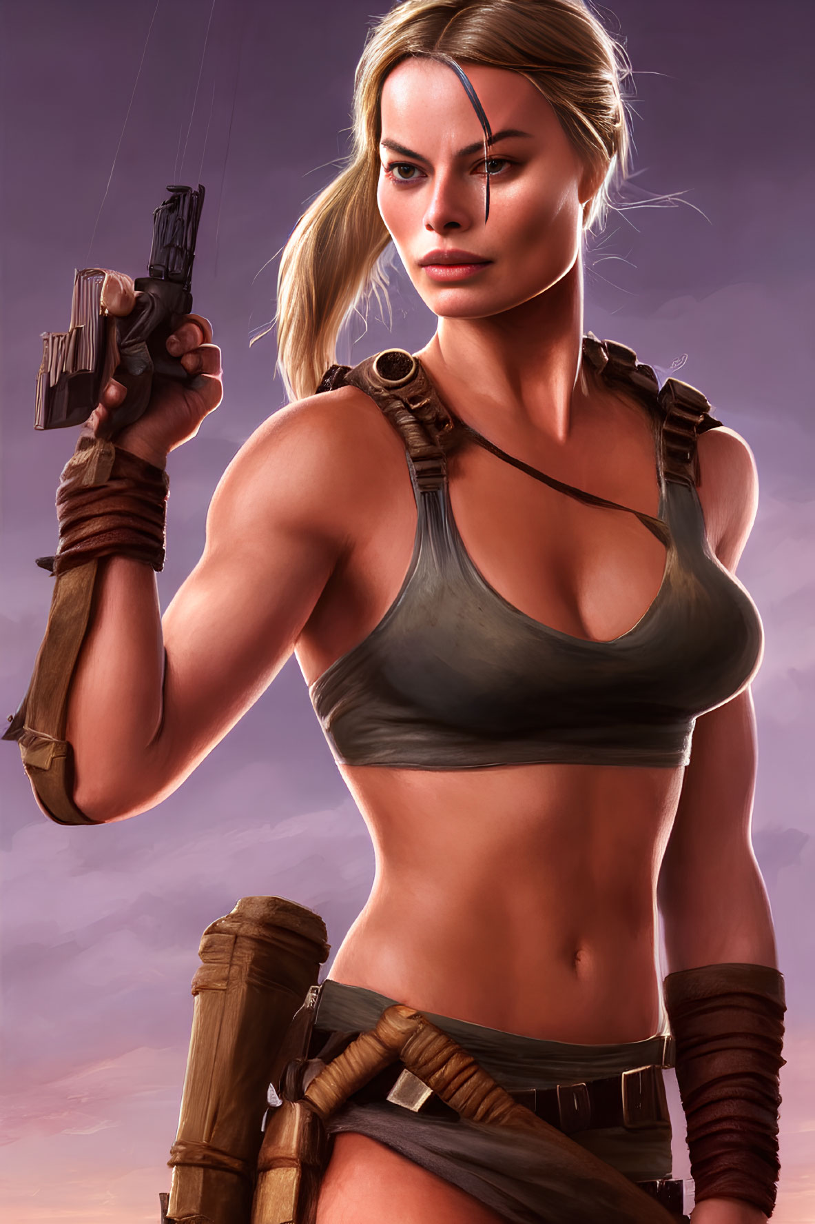 Blonde woman with pistol in tank top and gloves