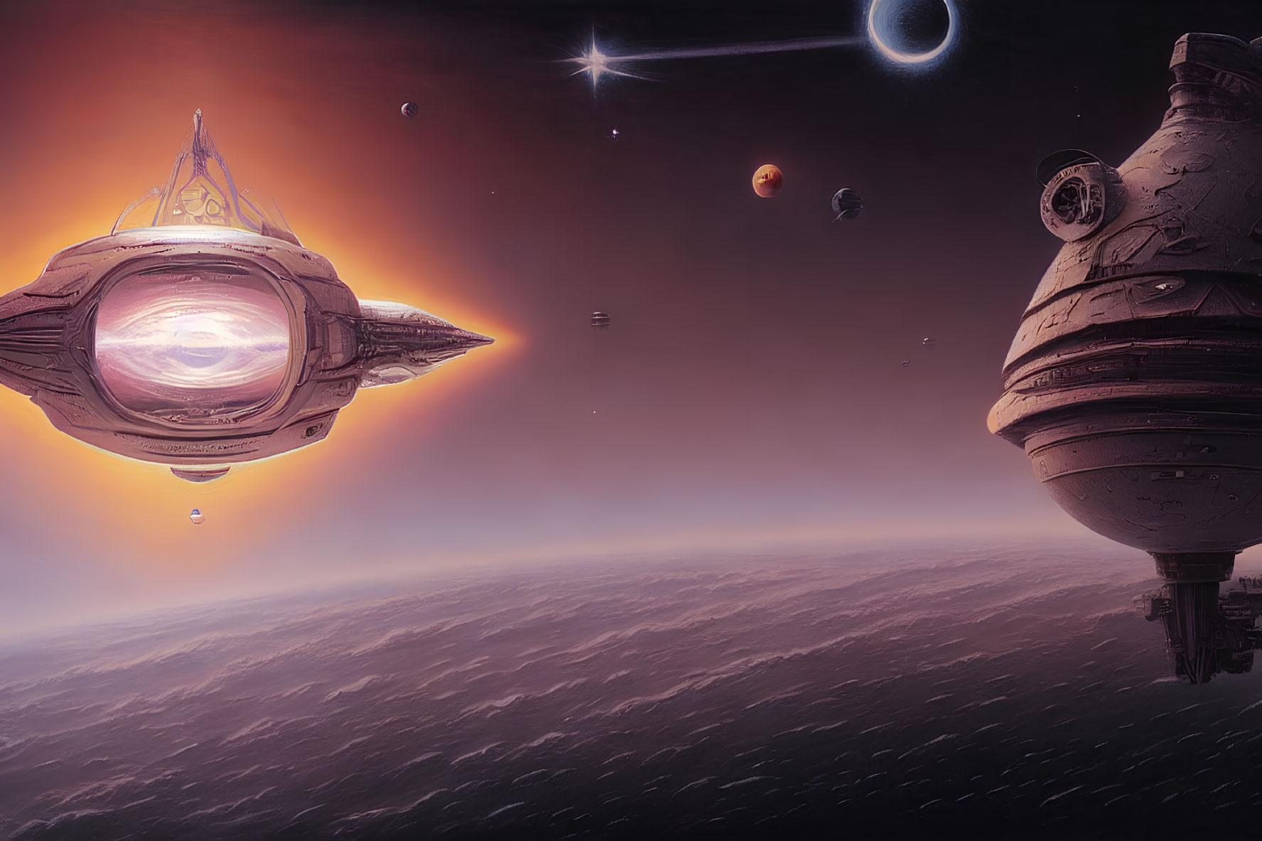 Futuristic spacecraft over gas giant with moons and star in orange interstellar scene