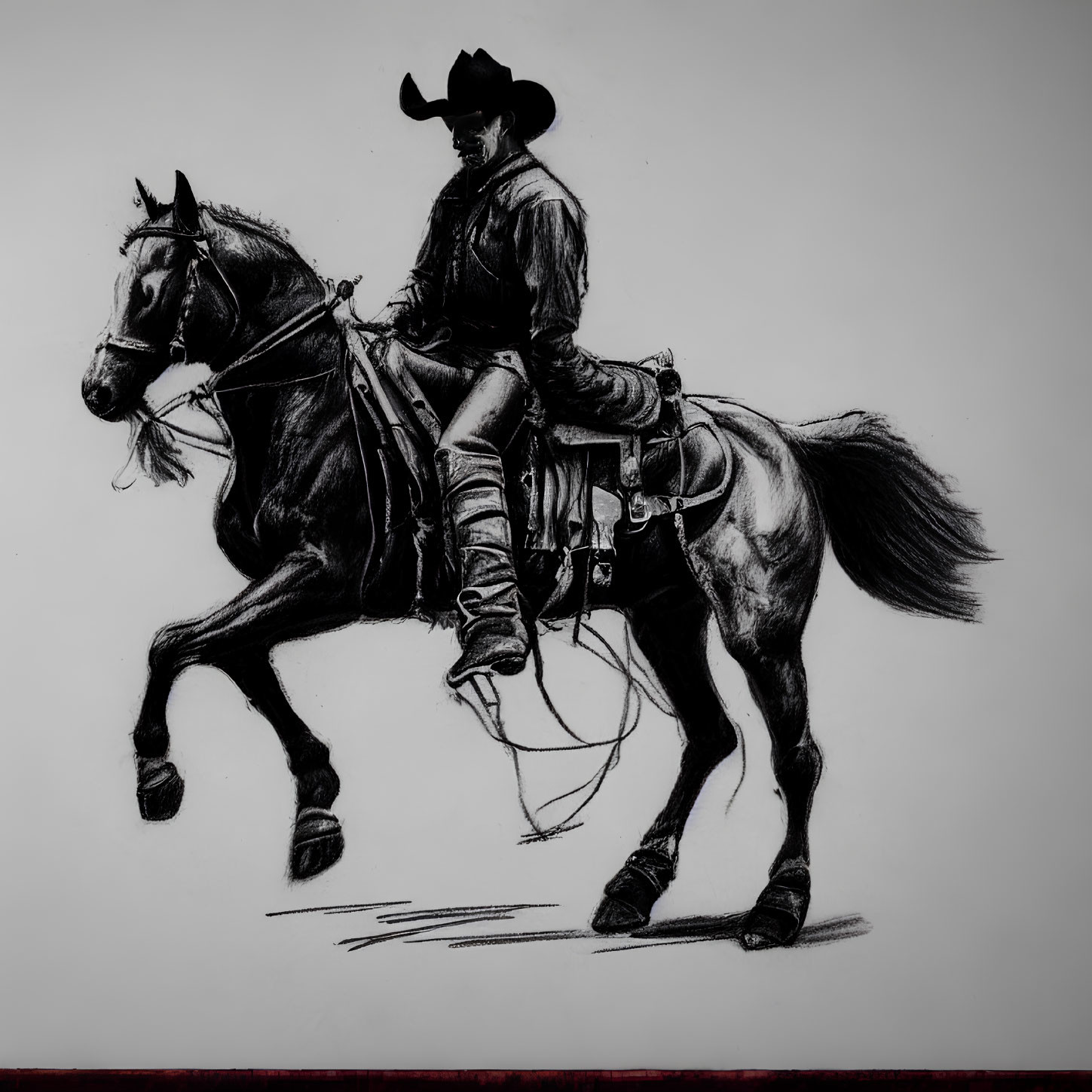 Detailed pencil sketch of a cowboy on a horse in motion with dynamic shading and lines