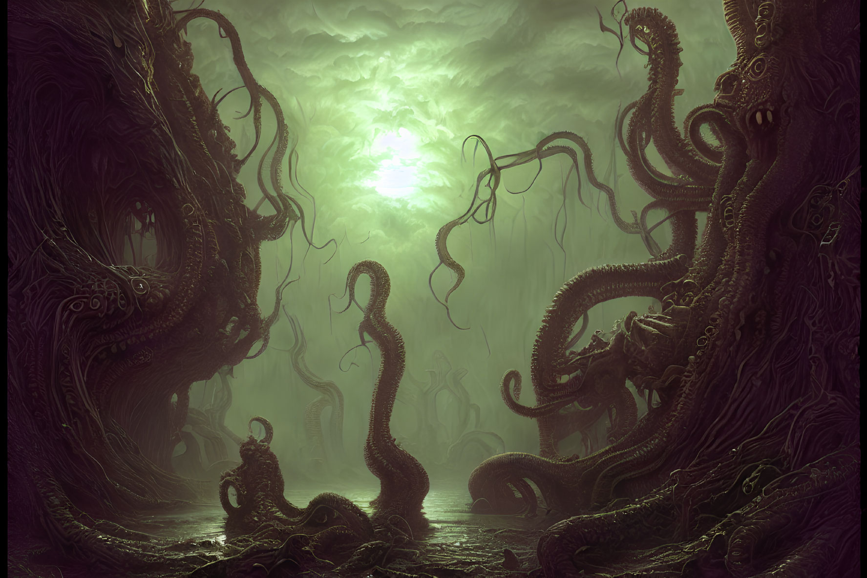 Eerie landscape with tentacle-like structures under green sky