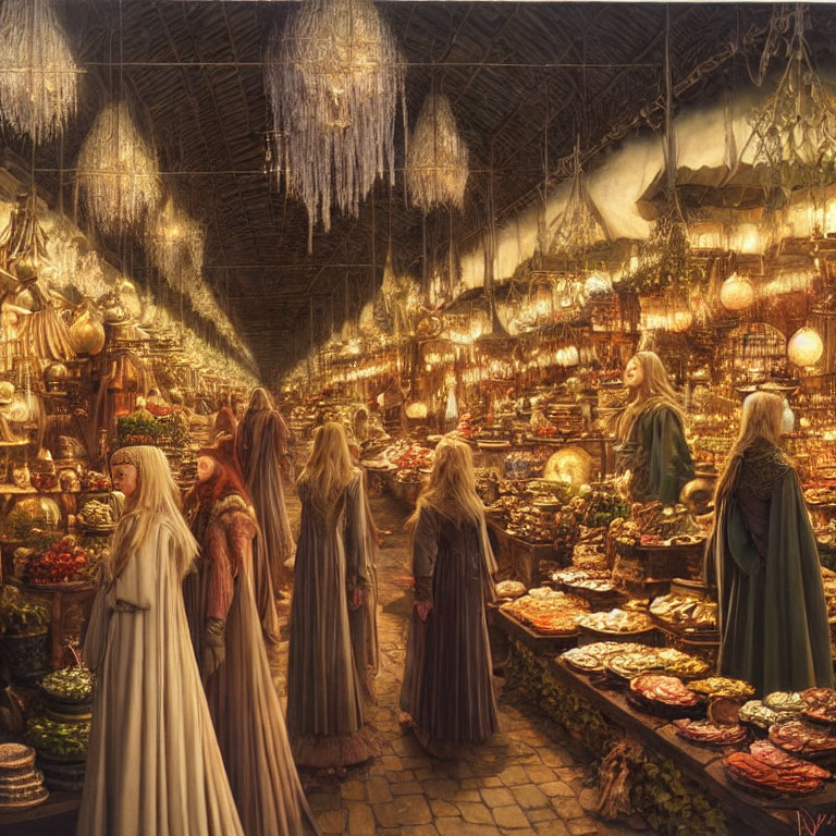 Medieval-themed market with diverse goods under glittering chandeliers