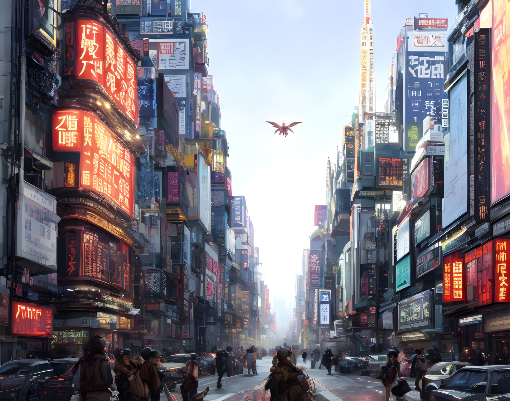 Futuristic city street with neon signs, pedestrians, and drone under hazy sky