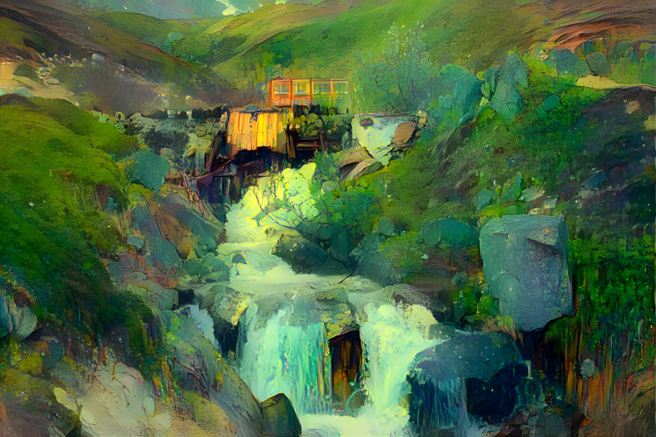 mining bridge and waterfall Alaska in summer