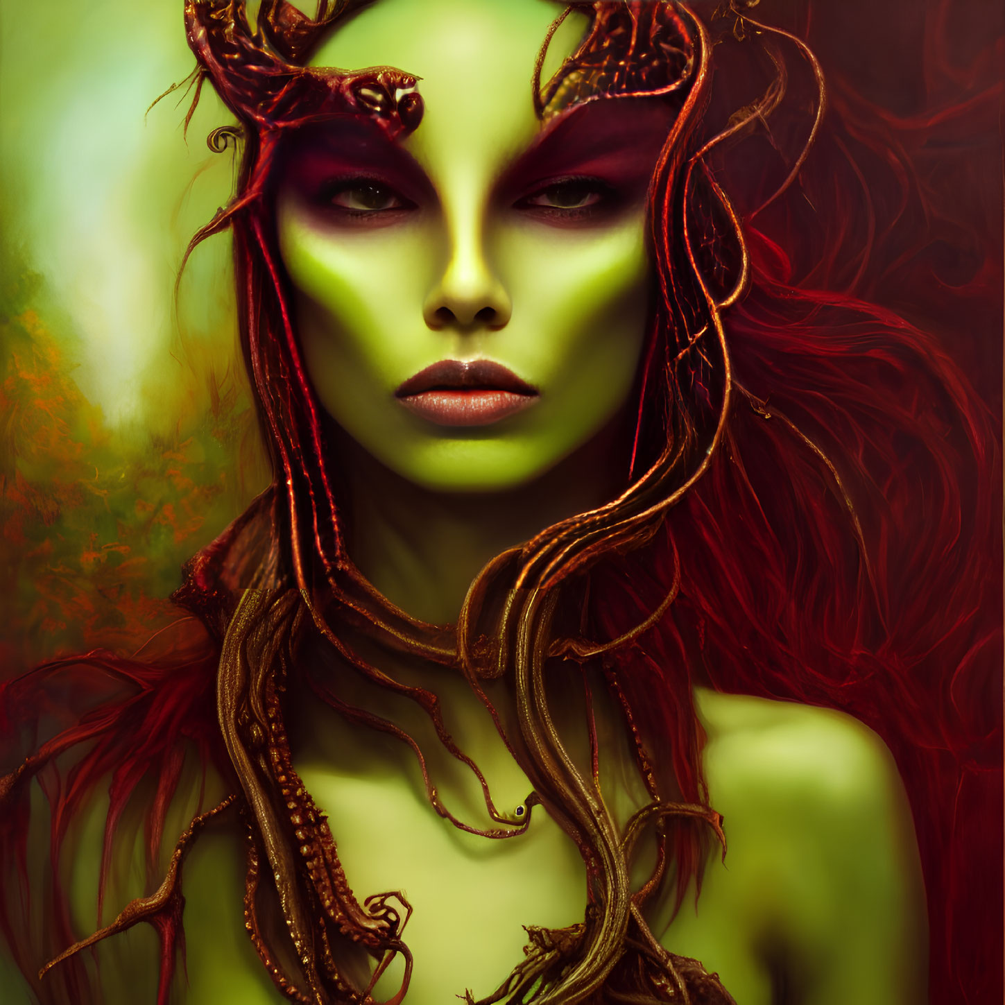 Vivid Green-Skinned Fantasy Figure with Elaborate Horned Headpiece in Red Ambiance