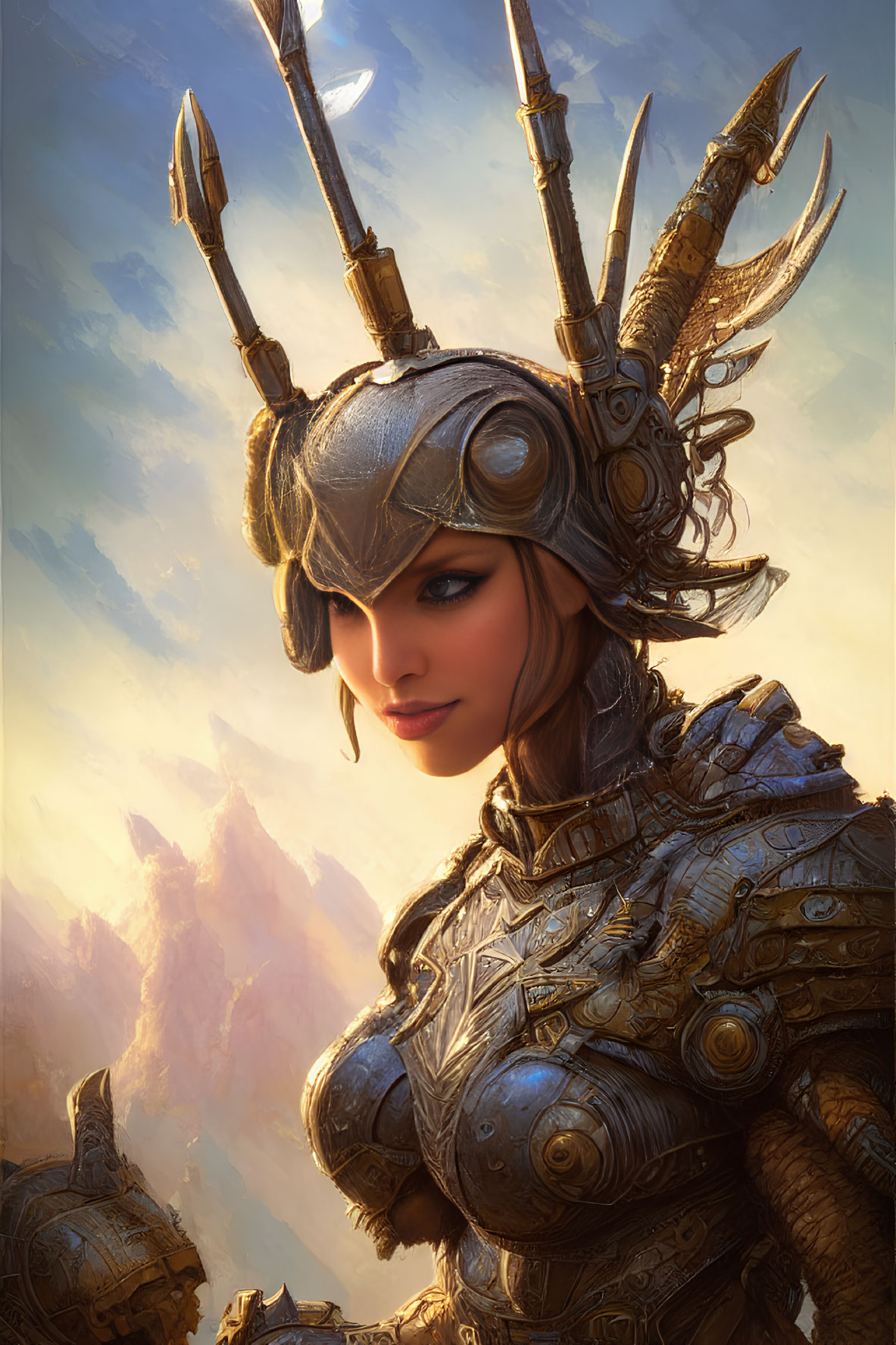 Ornate warrior in helmet and armor against golden clouds