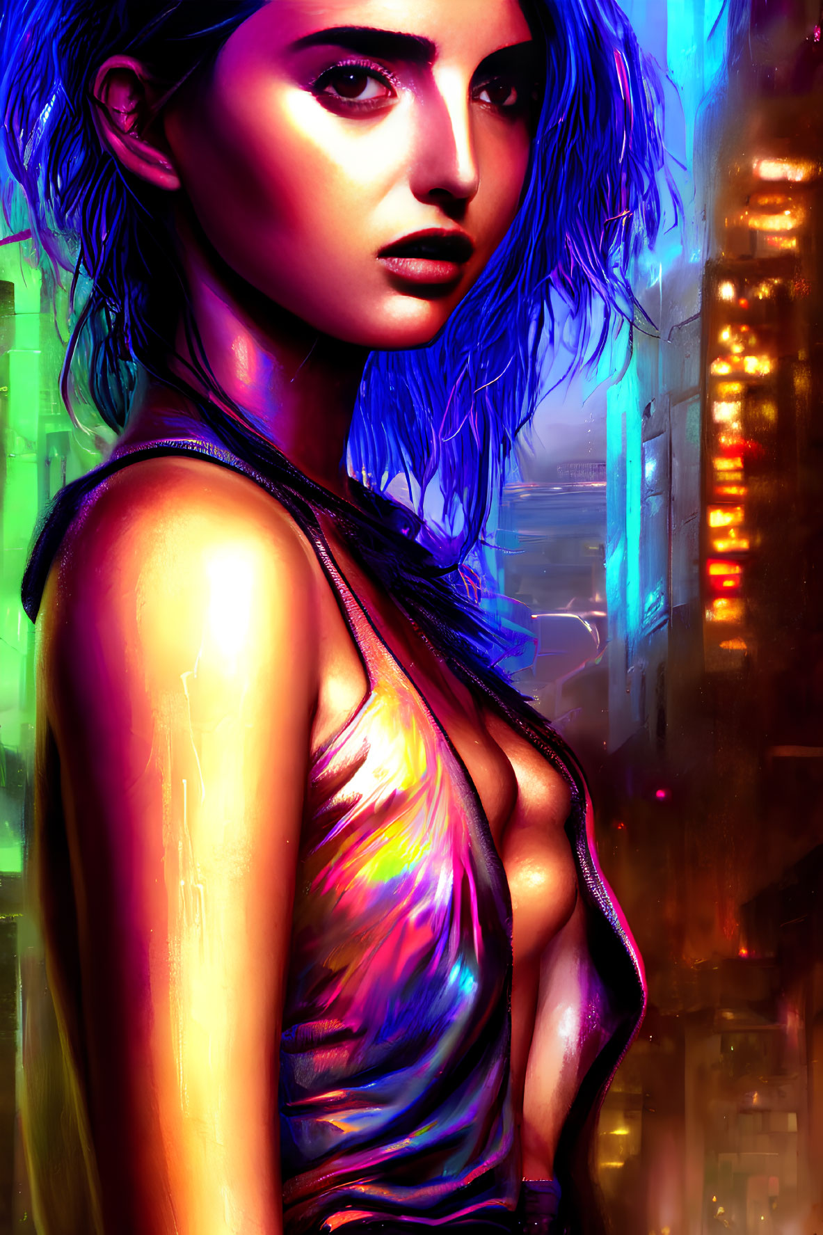 Blue-haired woman in metallic dress against neon cityscape.