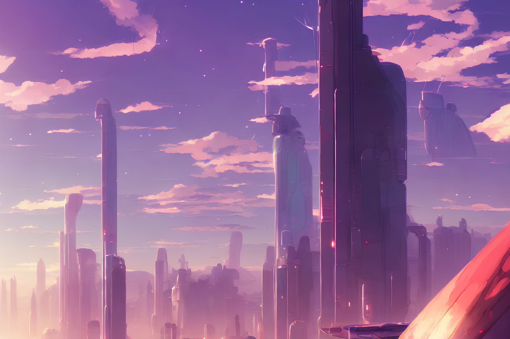 Futuristic cityscape with towering skyscrapers in pink and purple hues