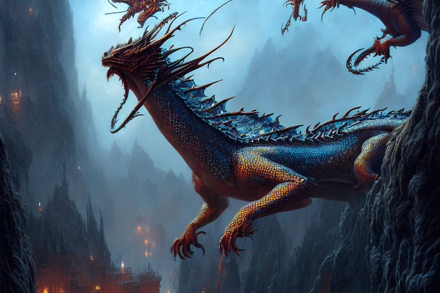 Blue Dragon Perched on Cliff with Castle in Fog - Mountain Landscape