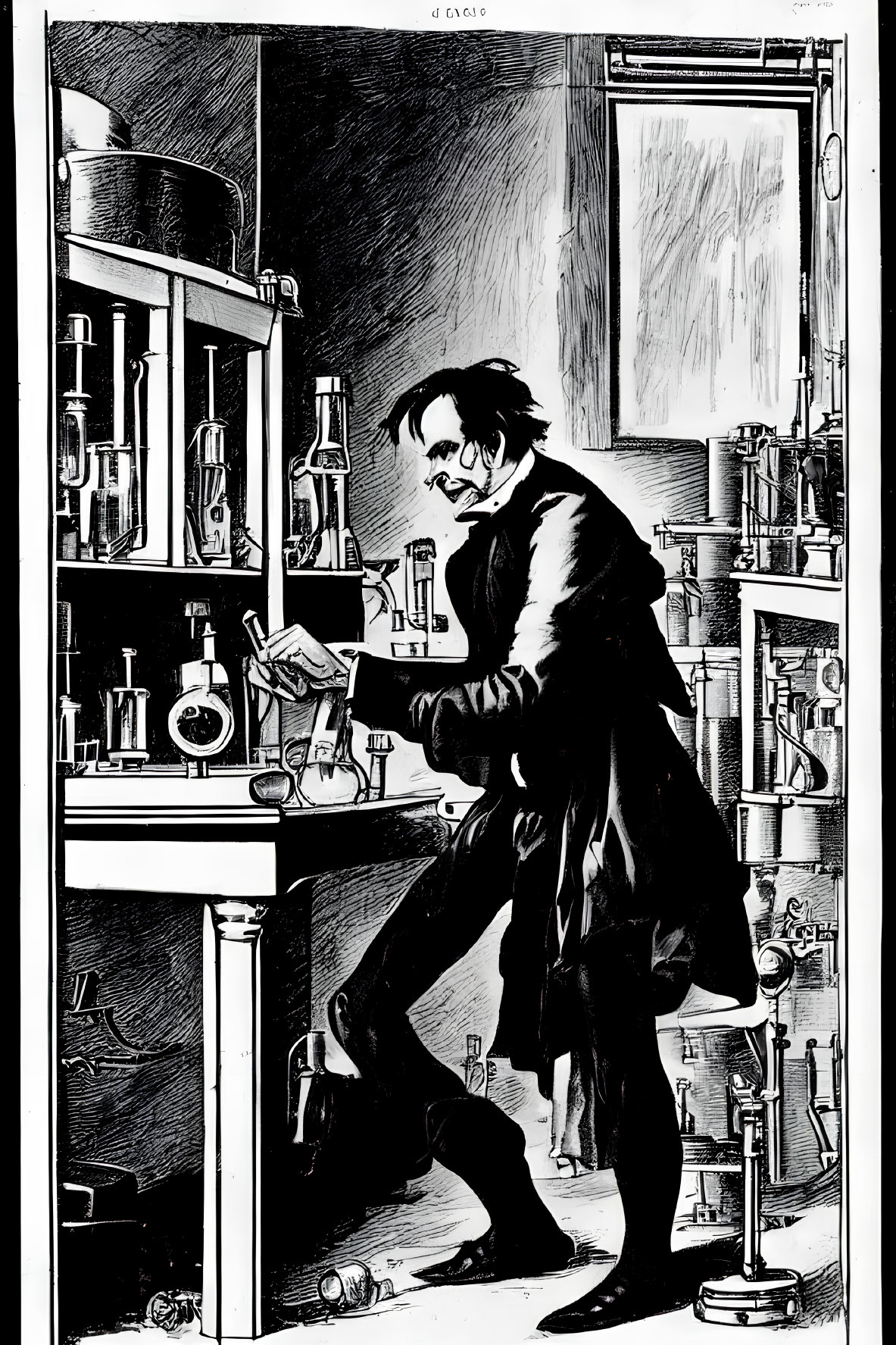 Monochromatic illustration of man in lab coat working in cluttered laboratory