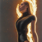 Digital artwork of woman with flames in tight black suit on warm backdrop