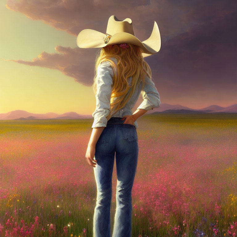 Blonde person in cowboy hat standing in pink flower field at sunset