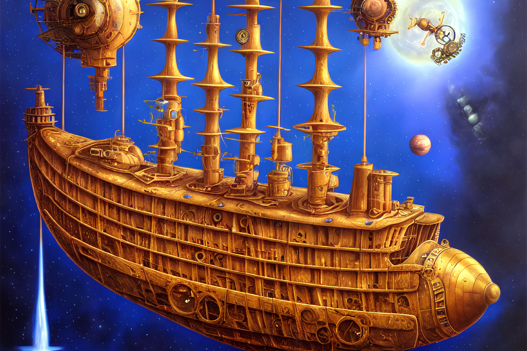 Golden galleon-shaped spaceship among whimsical spacecraft in space