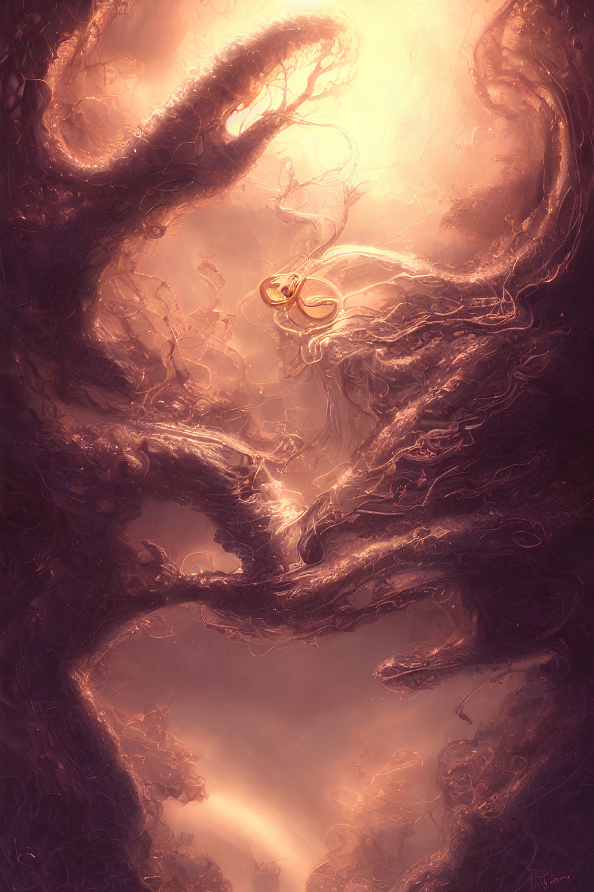 Ethereal tendrils and glowing figure in warm, amber light