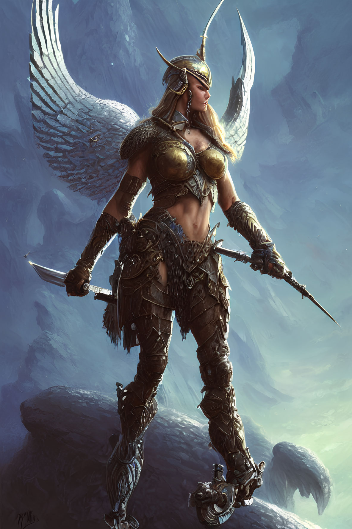 Warrior in golden armor with angelic wings and horned helmet.