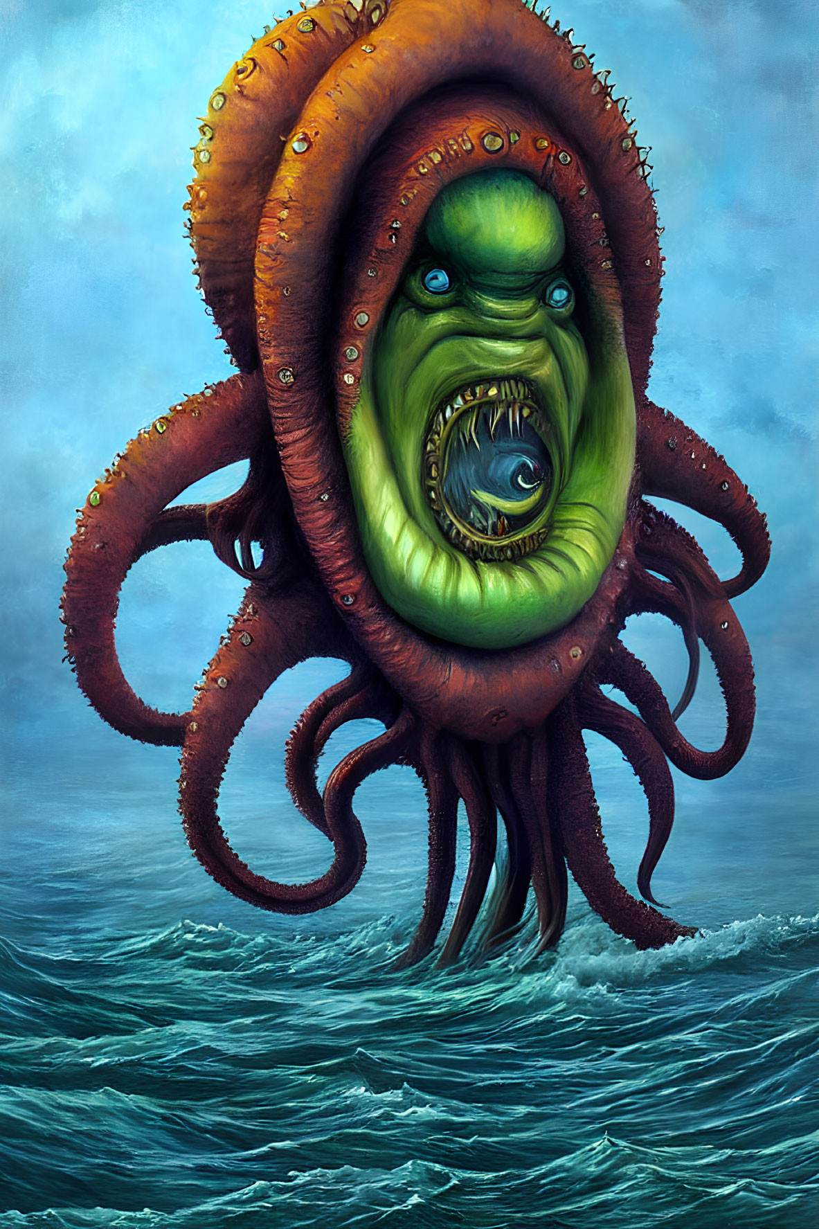Colorful Illustration of Menacing Octopus with Green Humanoid Face