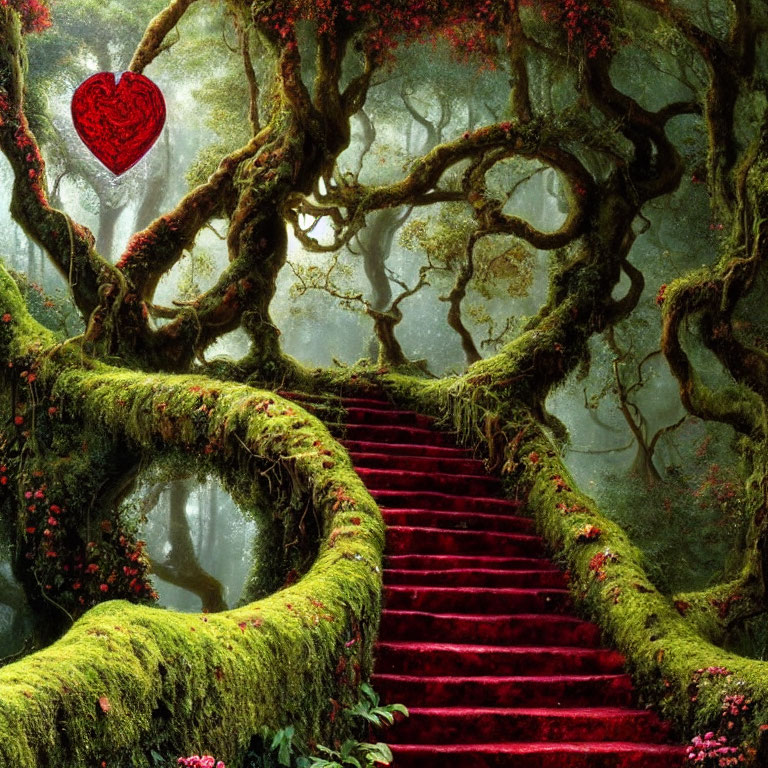 Enchanting forest scene with moss-covered trees and red-carpeted staircase spiraling around a tree