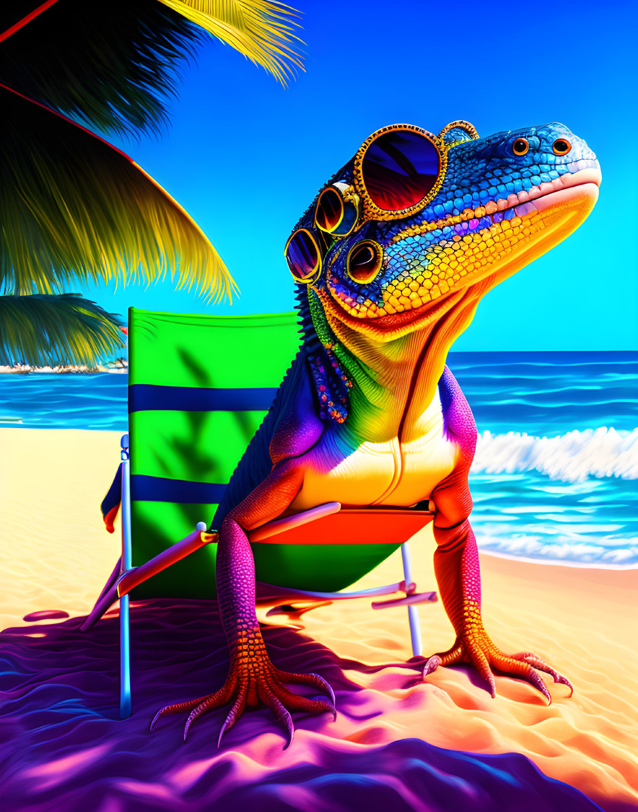 Colorful Anthropomorphic Lizard Relaxing on Beach Chair with Sunglasses