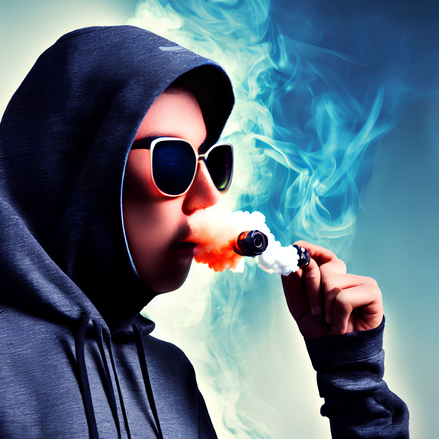 Person in Hoodie Exhaling Blue Smoke with E-Cigarette