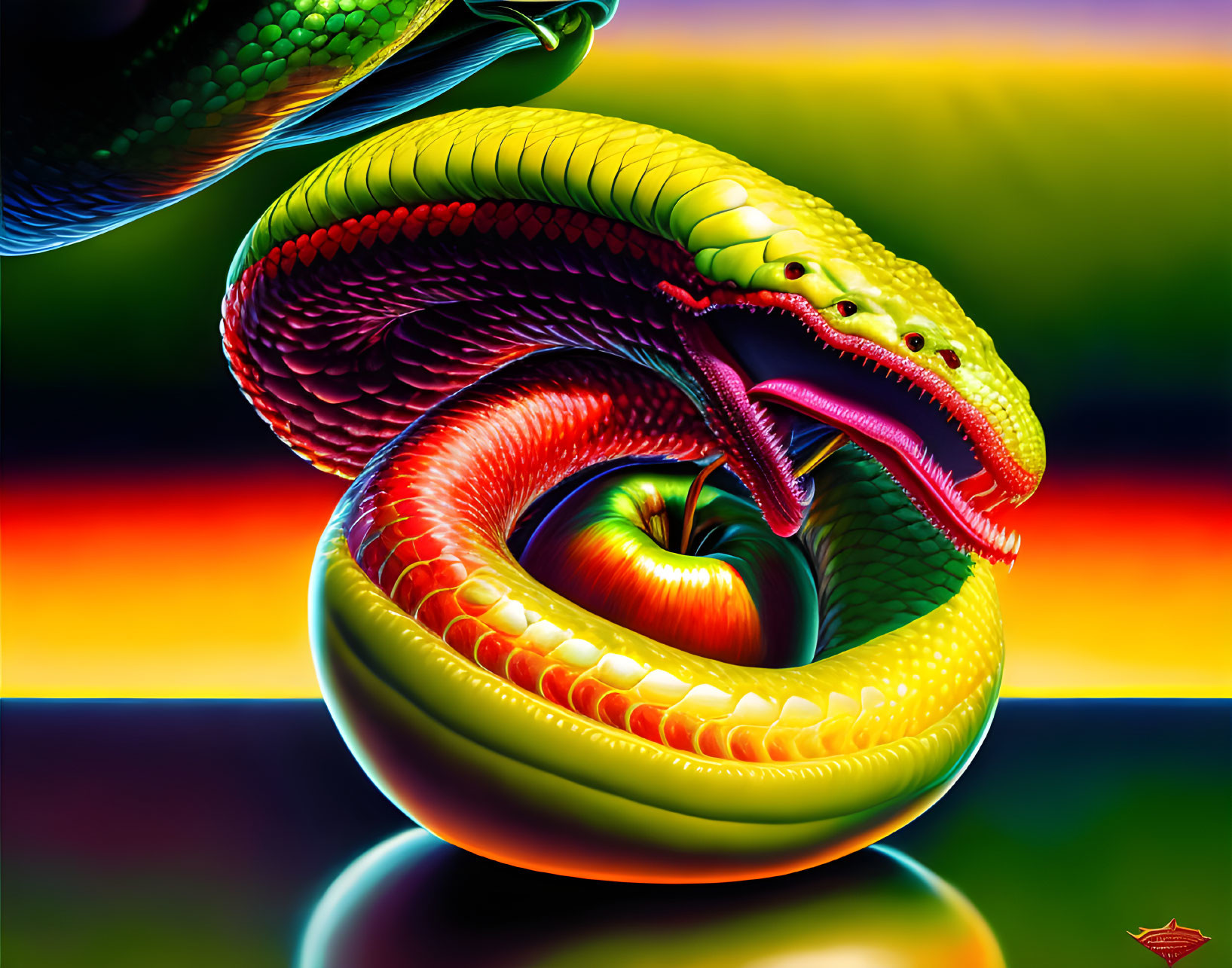 Colorful digital artwork: Serpent and apple with rainbow background