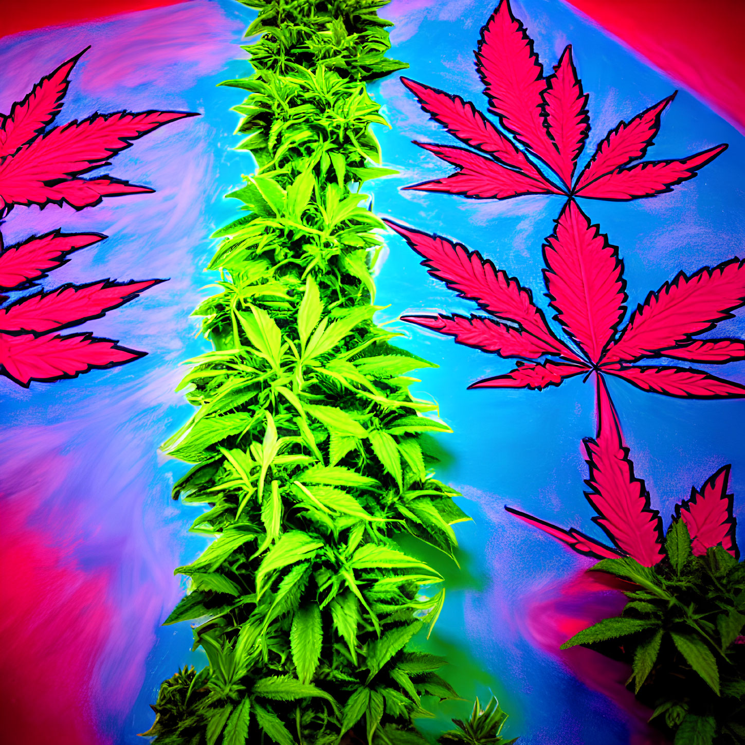 Colorful cannabis leaves against swirling backdrop in vivid image