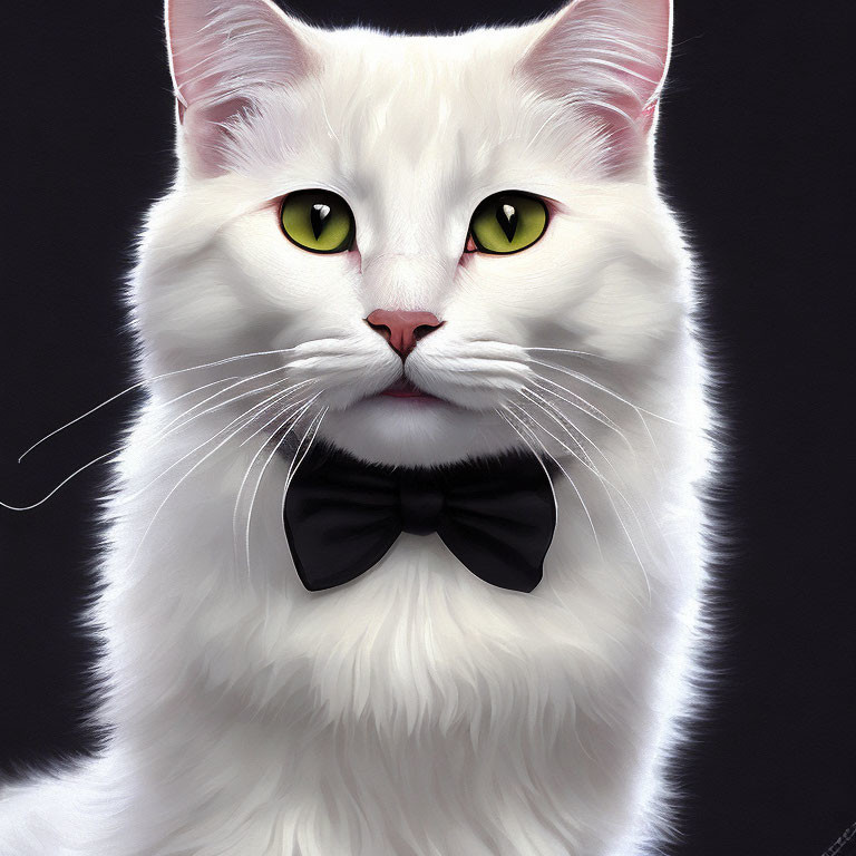 White Fluffy Cat Digital Artwork with Green Eyes and Bow Tie on Dark Background