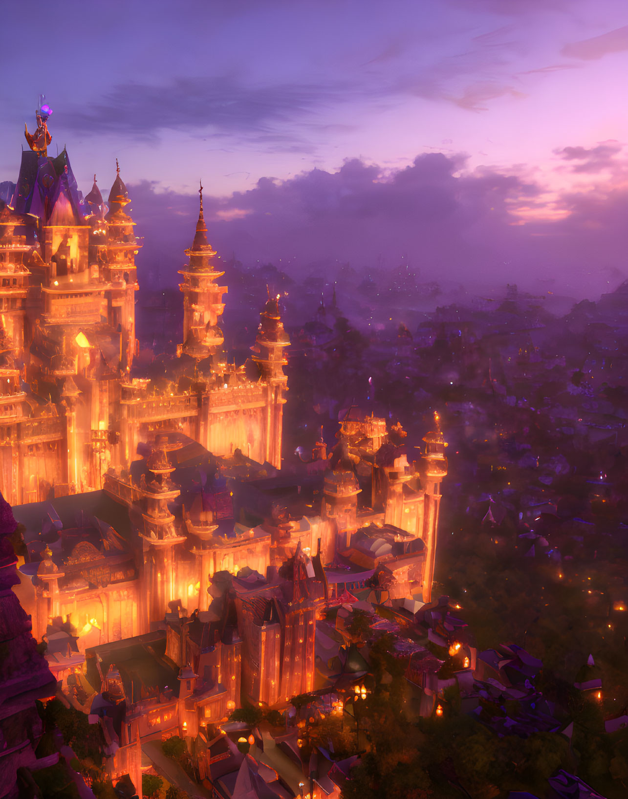 Fantasy castle with illuminated spires above cityscape at sunset