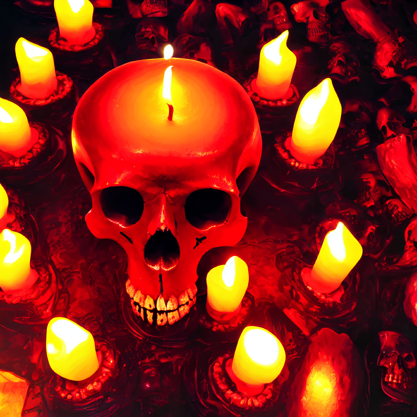 Red Skull-Shaped Candle Illuminated in Dark Setting