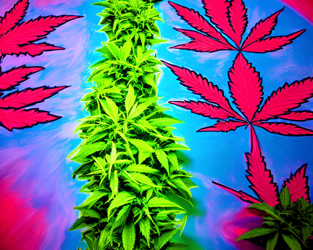 Colorful cannabis leaves against swirling backdrop in vivid image
