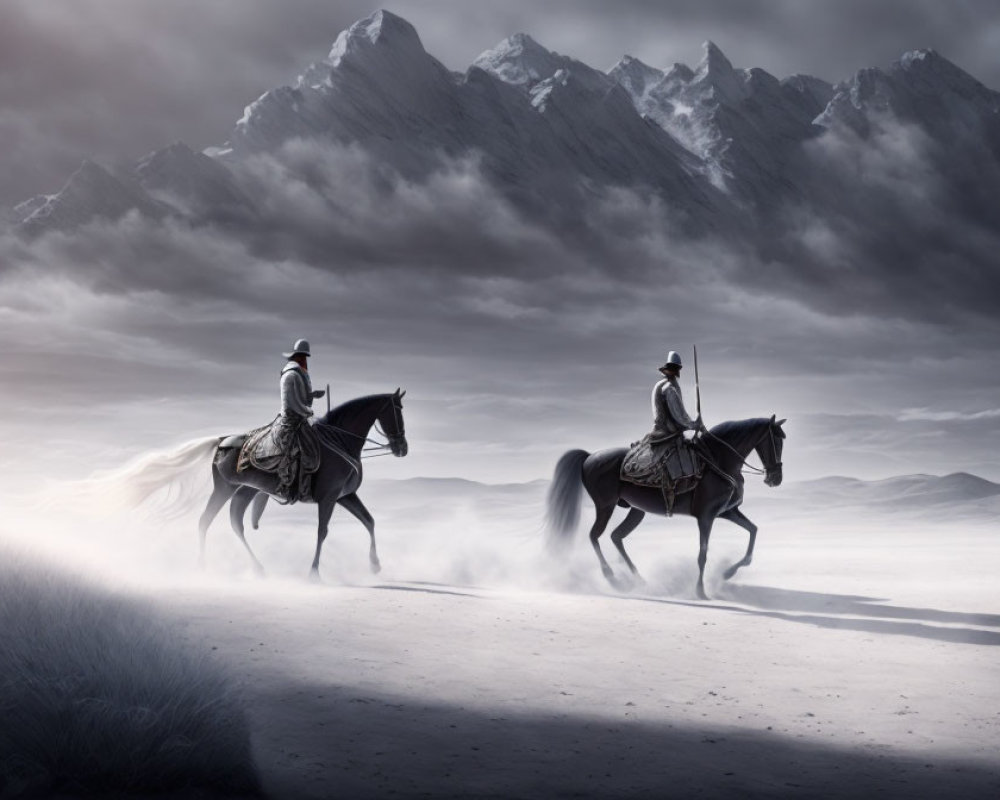 Misty landscape with two knights on horseback
