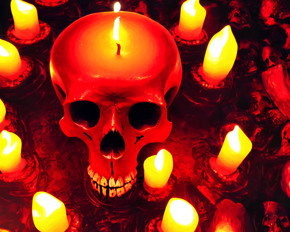 Red Skull-Shaped Candle Illuminated in Dark Setting