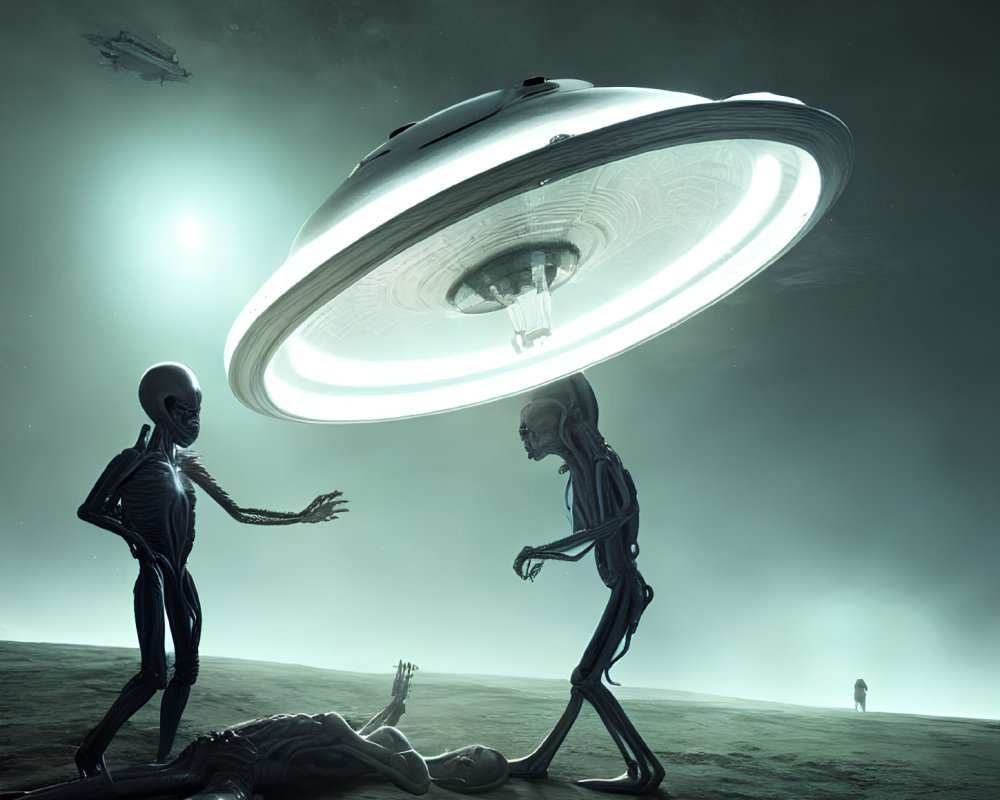 Extraterrestrial beings on barren landscape with flying saucer and green-lit sky