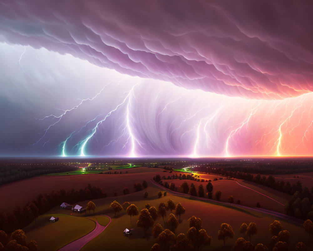 Dramatic storm with intense lightning in purple and pink skies