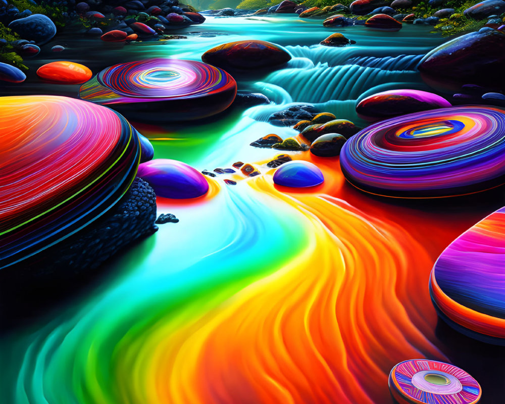 Colorful Digital Artwork: Stream with Patterned Stones & Surreal Landscape