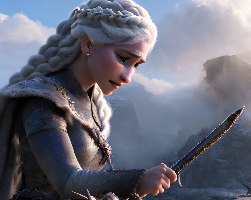Medieval-style digital artwork of woman with braided blonde hair holding a sword