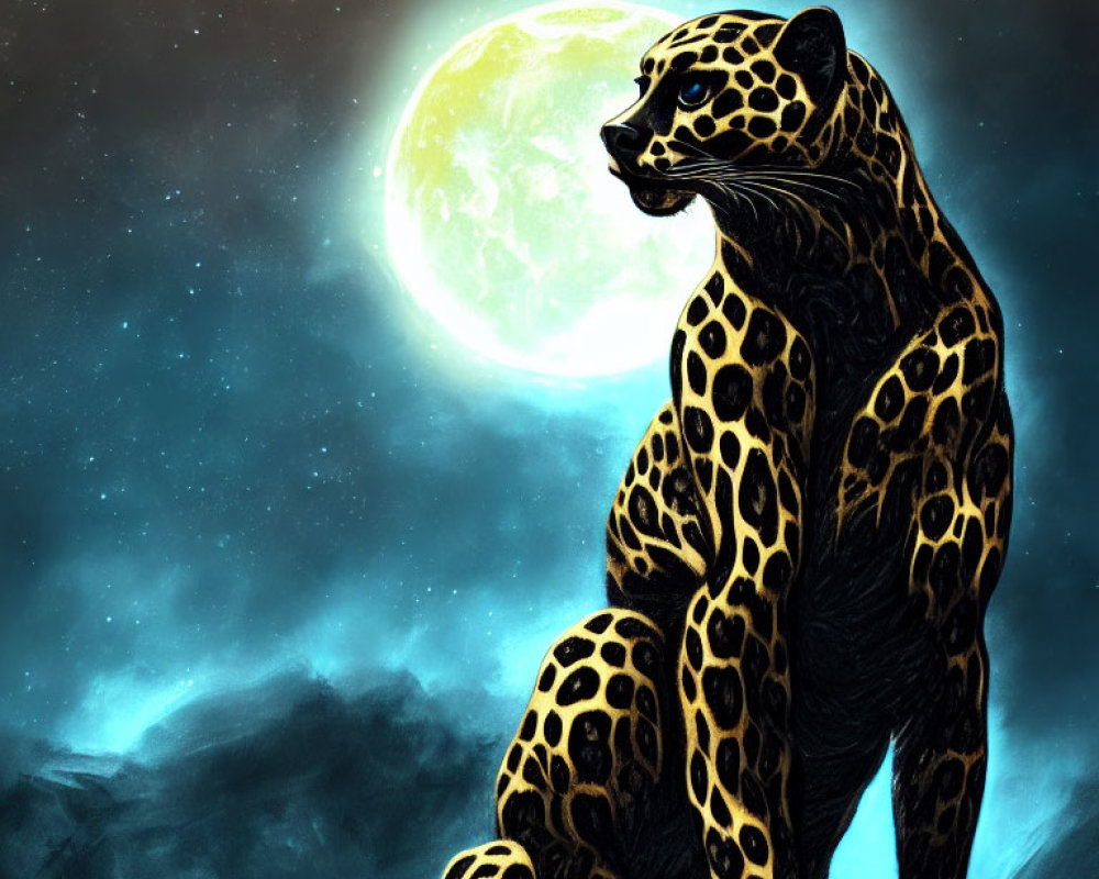 Black jaguar with golden spots under full moon and stars