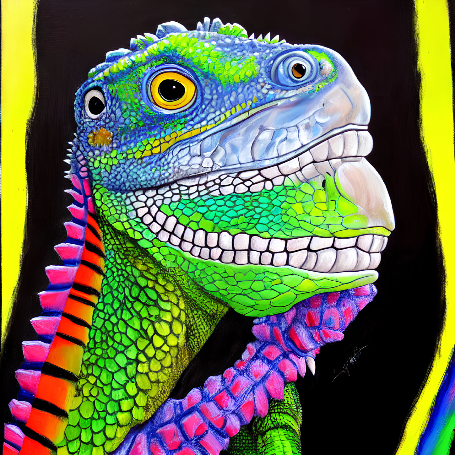 Colorful lizard painting with green scales, blue textures, and yellow eyes.