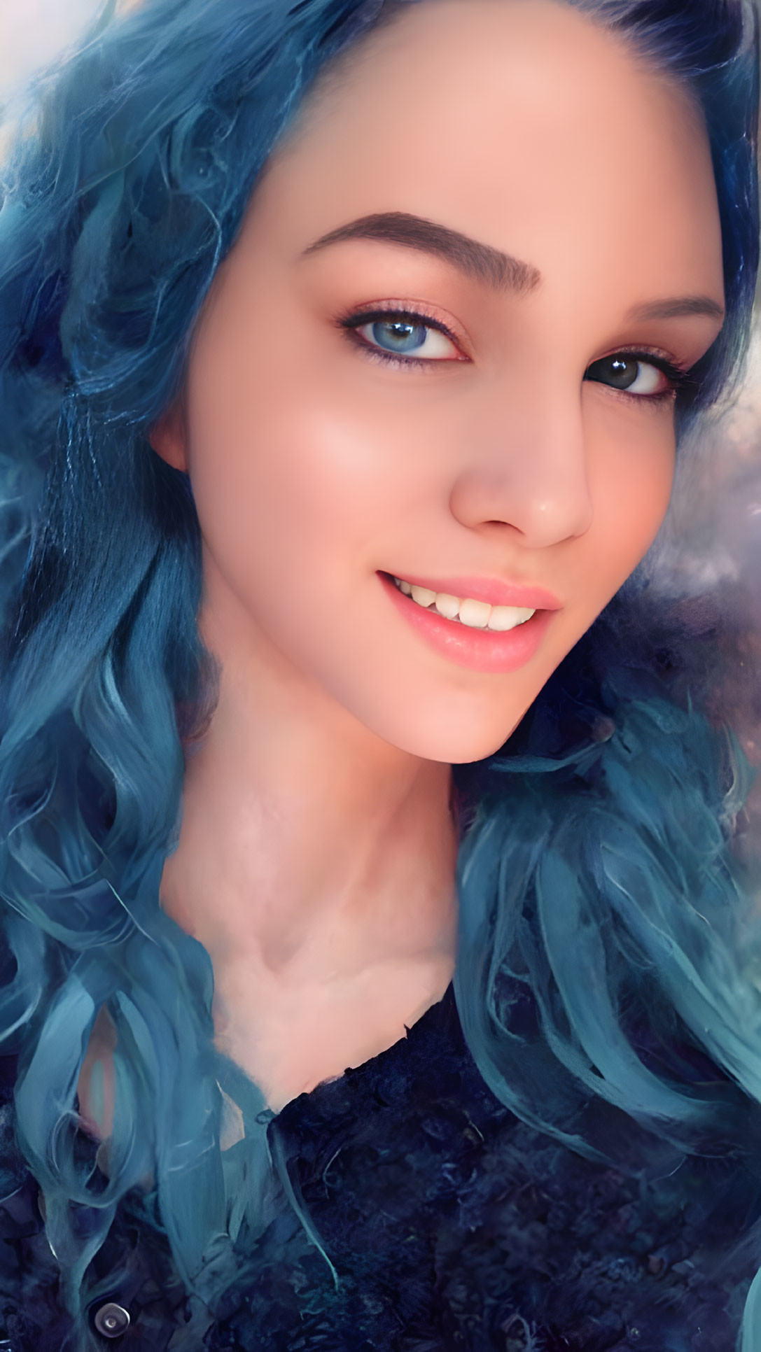 Blue-haired woman with striking blue eyes in soft smile close-up portrait.