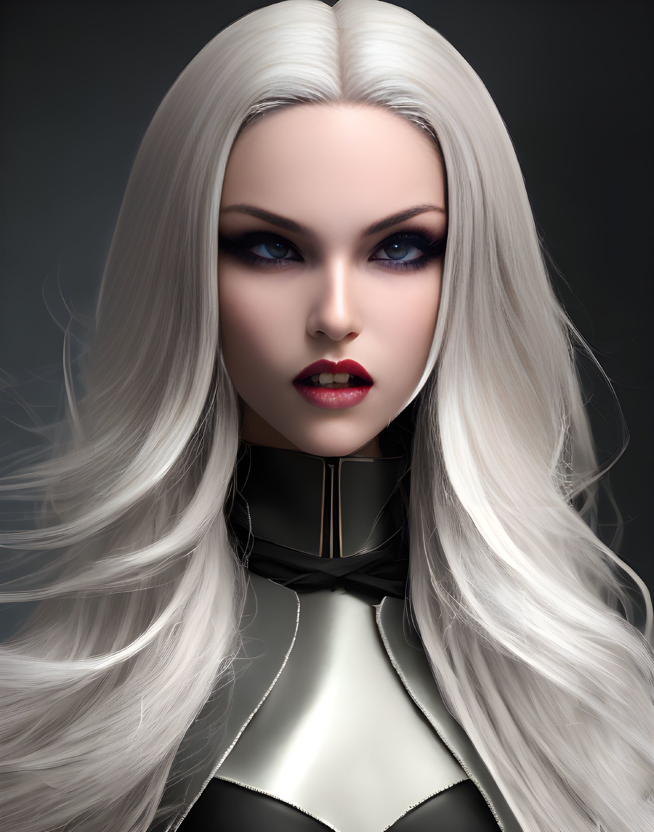 Woman with long white hair and blue eyes in black and white bodysuit