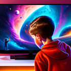 Child in Red Hoodie Mesmerized by Colorful Sci-Fi Scene