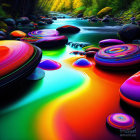 Colorful Digital Artwork: Stream with Patterned Stones & Surreal Landscape