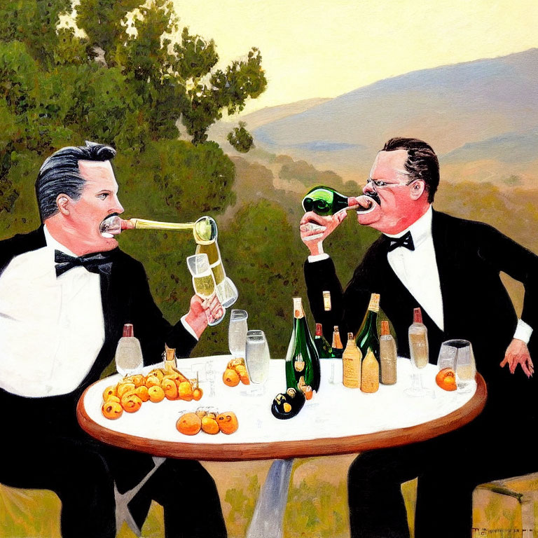 Men in tuxedos with exaggerated features enjoying wine and fruits outdoors