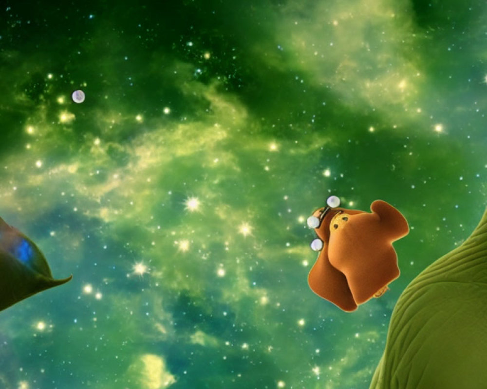 Floating Cartoon Bear in Space with Green Nebulae and Stars, Flanked by Larger Creatures